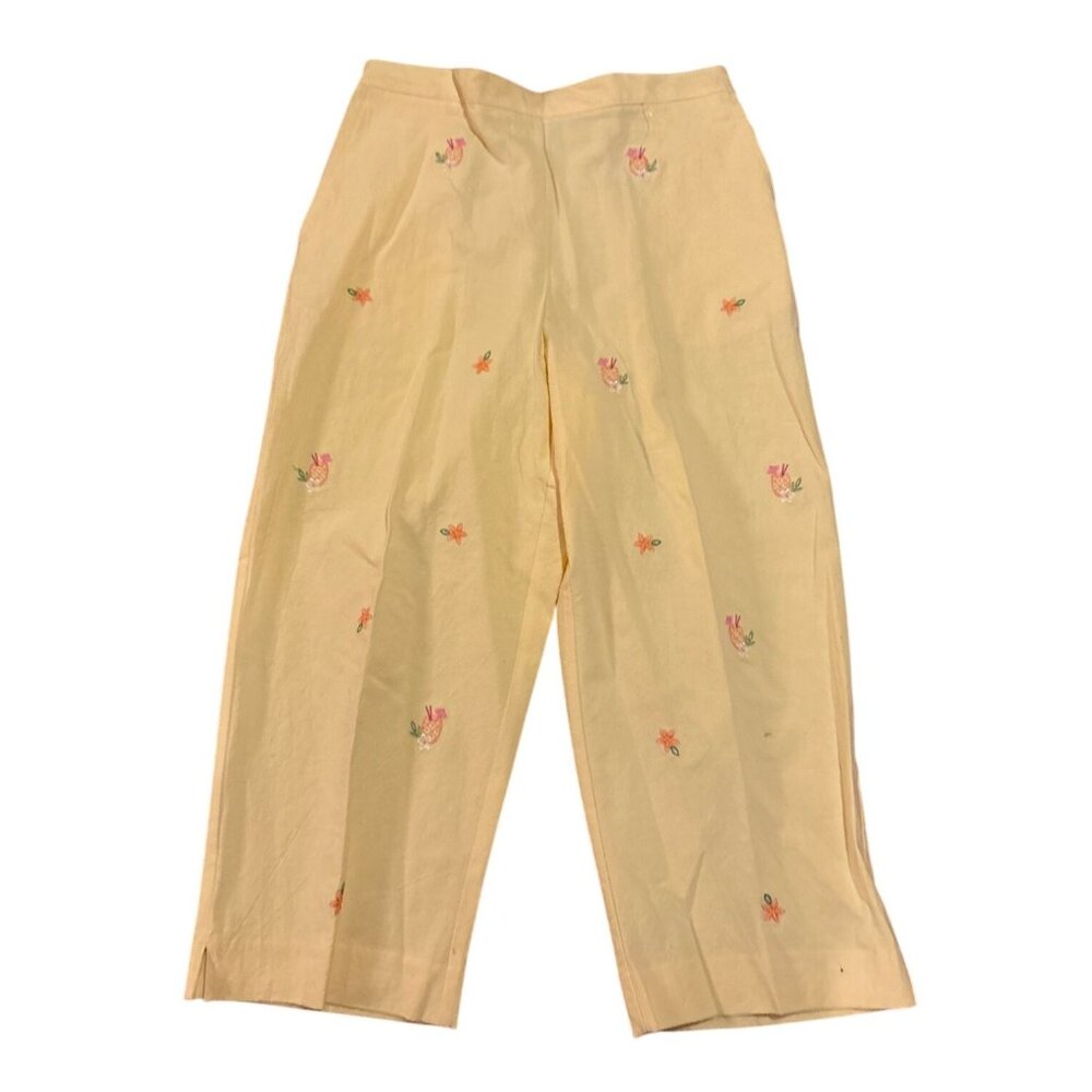 Alfred Dunner 10P Yellow Capri Pants 100% Cotton Elastic Waist Pinapple Floral